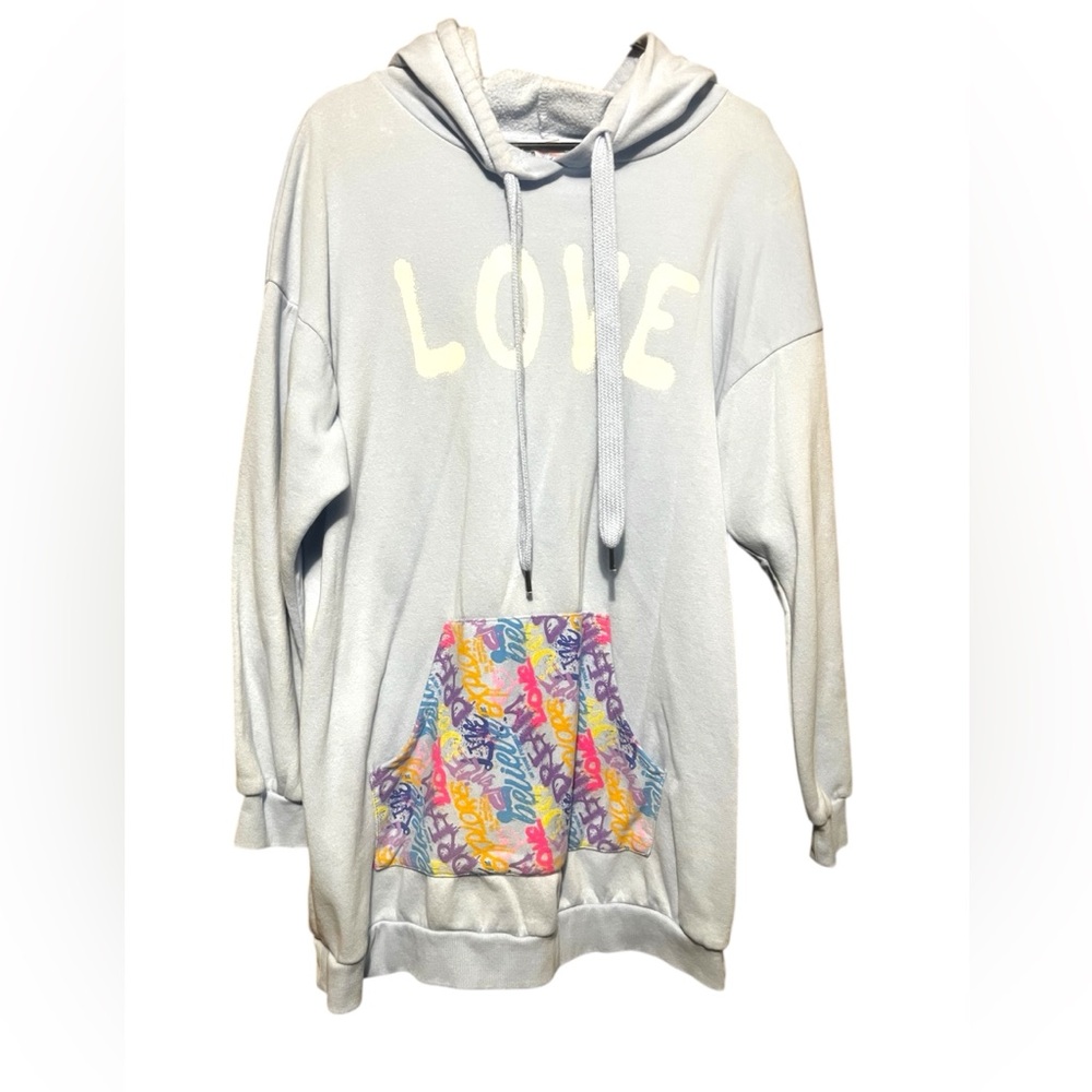 No Boundaries Light Blue Long LOVE Hoodie with Graffiti Kangaroo Pocket
